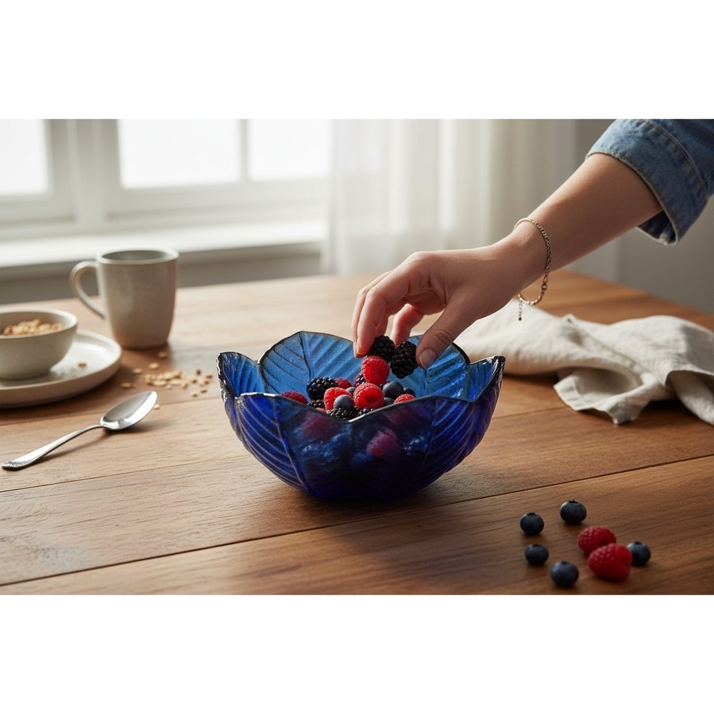 Glass Fruit Bowl Unisex OS Cobalt Blue Very Good Textured Leaf Petal